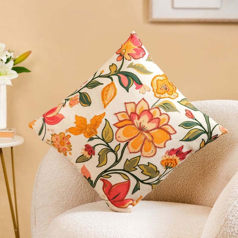 Indie Floral Embroidered Cotton Cushion Cover 40x40cm Nestasia