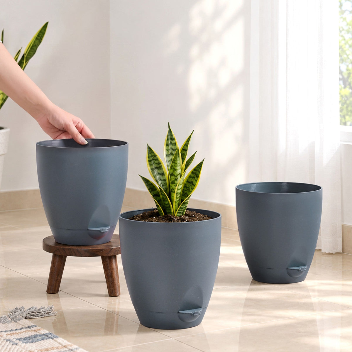 Indoor Plant Florin Pot Self Watering Grey Set Of 3 Nestasia