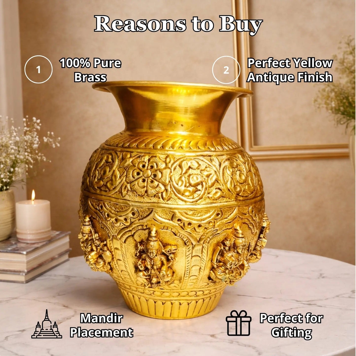 Brass Ashtalakshmi Kalash | 8 Lakshmi Devi Engraved Puja Kalash | Puja Kalash (Yellow, 7 Inch)