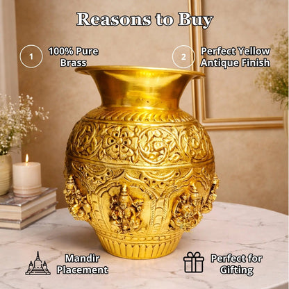 Brass Ashtalakshmi Kalash | 8 Lakshmi Devi Engraved Puja Kalash | Puja Kalash (Yellow, 7 Inch)