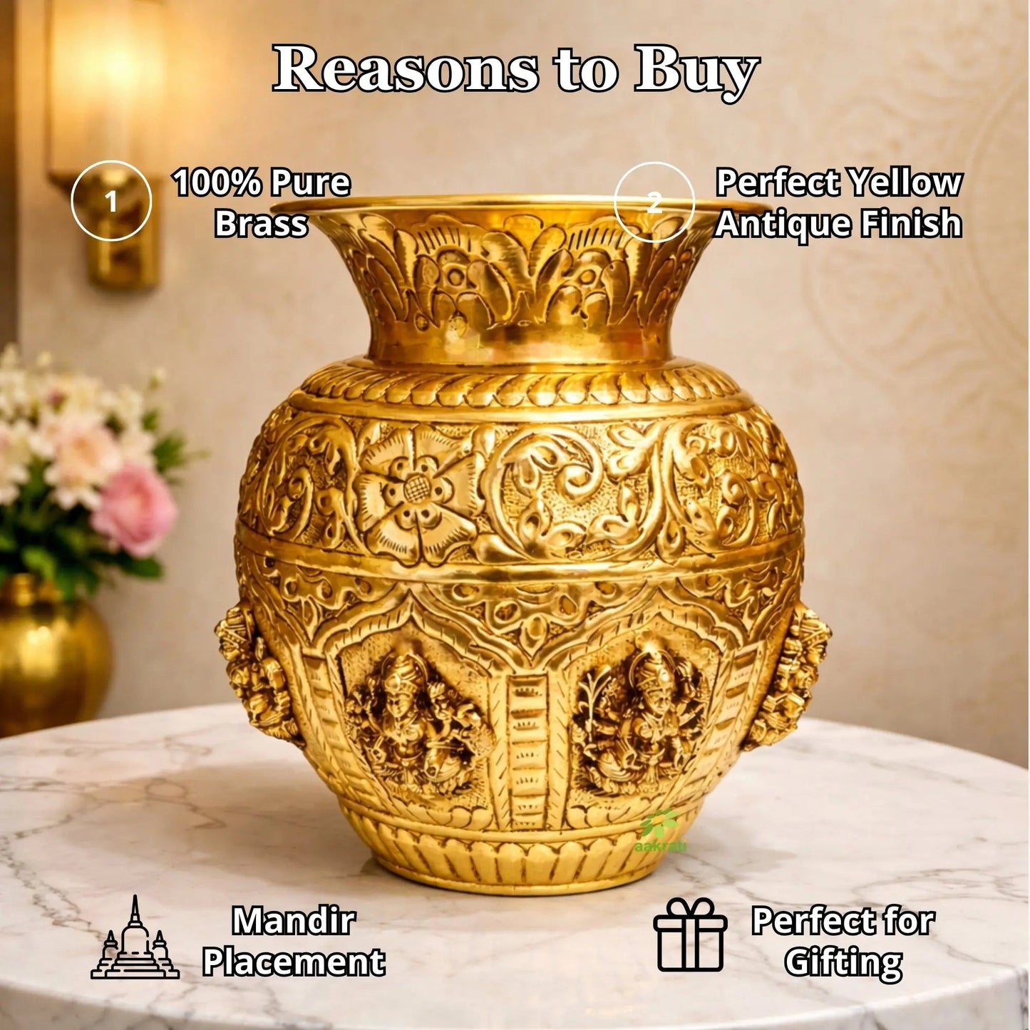 Premium Brass Ashtalakshmi Puja Kalash | Ideal Gift for Diwali, Wedding & Housewarming | Ashtalakshmi Engraved Brass Kalash for Pooja (Yellow, 6 Inches)