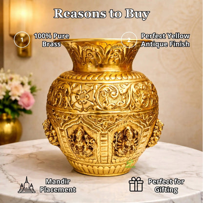Premium Brass Ashtalakshmi Puja Kalash | Ideal Gift for Diwali, Wedding & Housewarming | Ashtalakshmi Engraved Brass Kalash for Pooja (Yellow, 6 Inches)