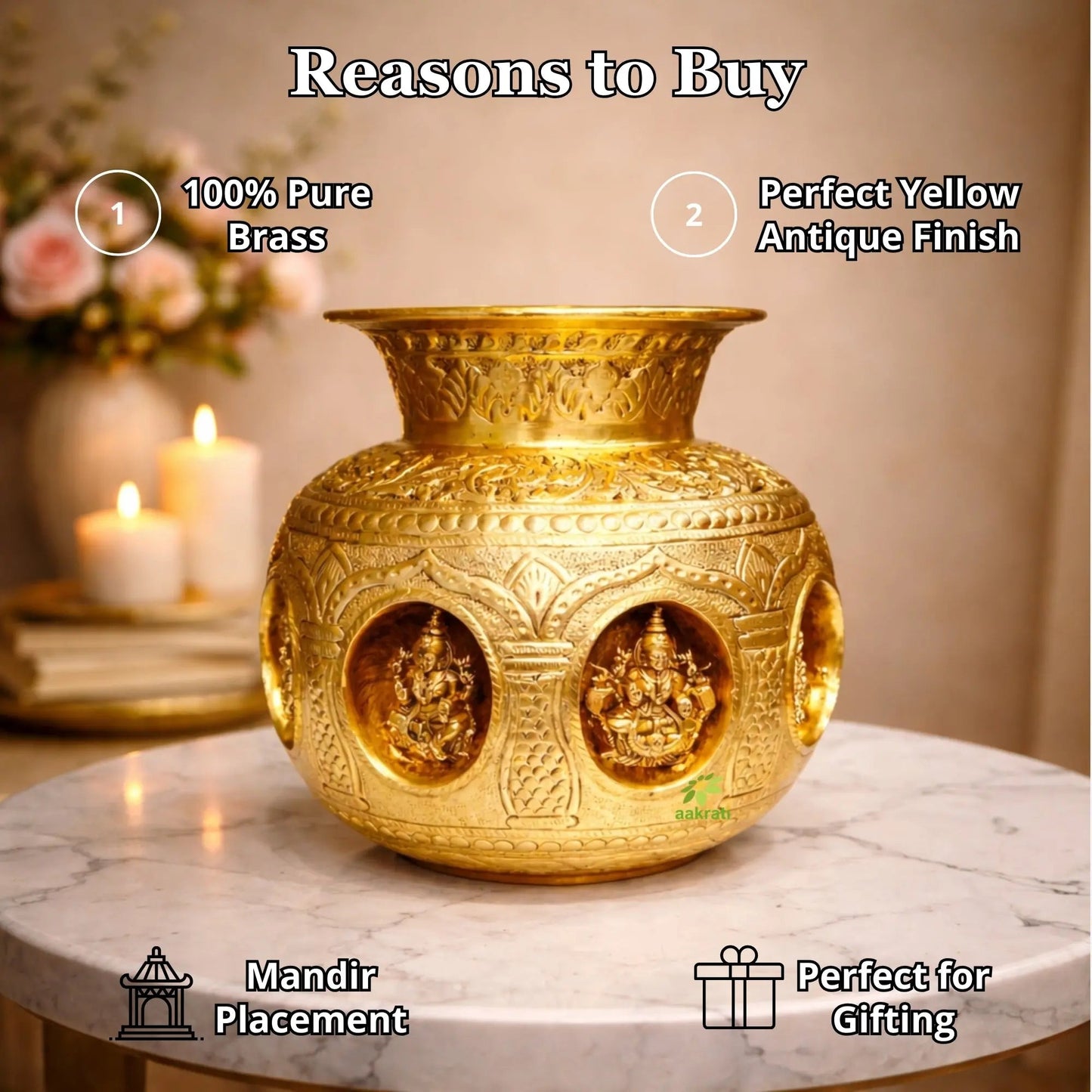 Brass Ashtalakshmi Kalash for Pooja | Engraved 8 Lakshmi Devi Puja Kalash | Brass Puja Essentials (Yellow, 8 Inches)