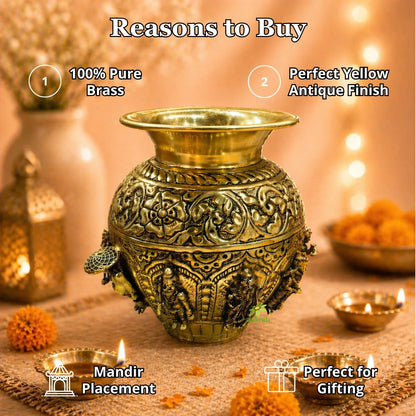 Brass Dashavatar Kalash | Brass Dashavatar Puja Kalash | Traditional Hindu Puja Vessel (Yellow, 6 Inches)