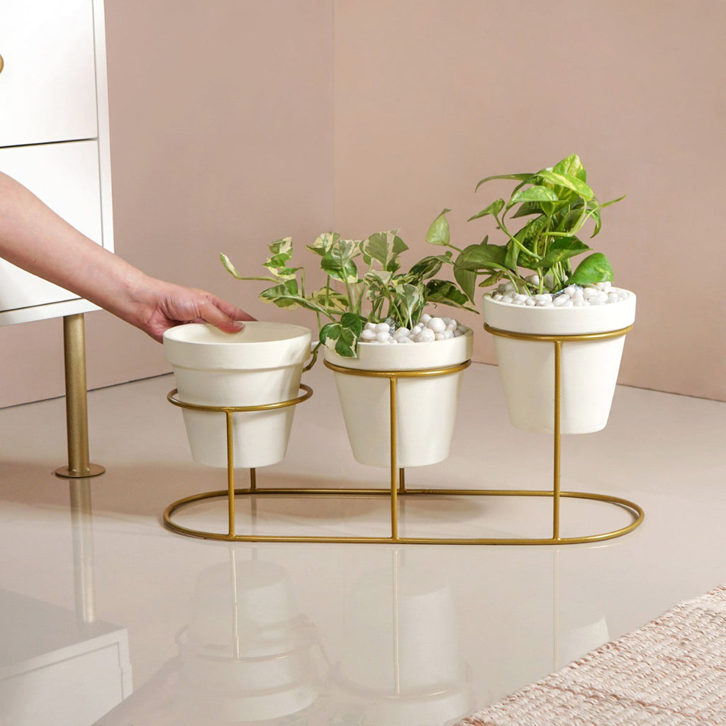 TerraGold Planters With Metal Stand Cream White Nestasia