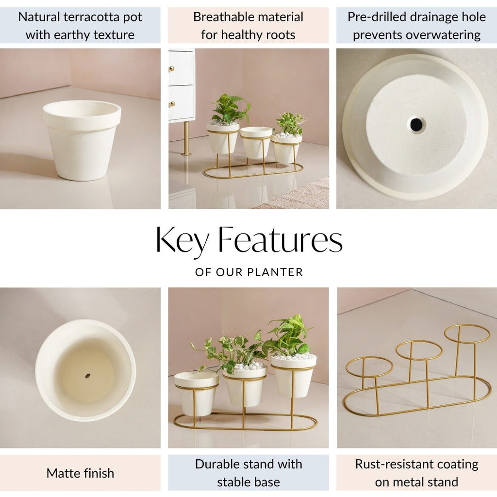 TerraGold Planters With Metal Stand Cream White Nestasia
