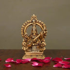 Brass Superfine Sitting Saraswati On Throne Idol (5.8 Inch) Vedansh Craft