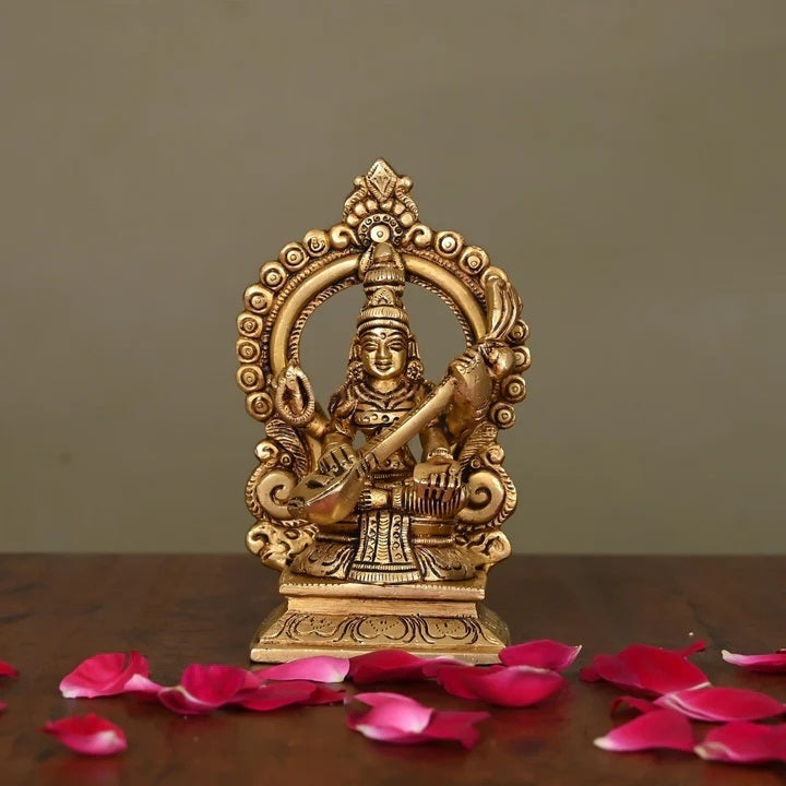 Brass Superfine Sitting Saraswati On Throne Idol (5.8 Inch) Vedansh Craft