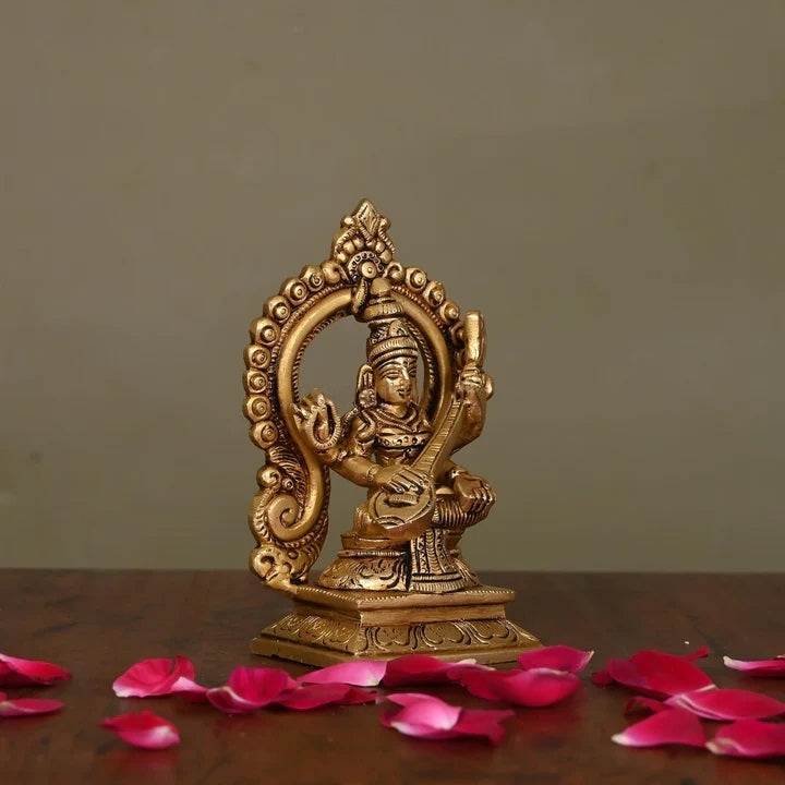 Brass Superfine Sitting Saraswati On Throne Idol (5.8 Inch) Vedansh Craft