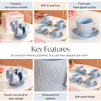 Soft Pastel Ceramic Tea Cup And Saucer Set For 4 With Stand 200ml Nestasia