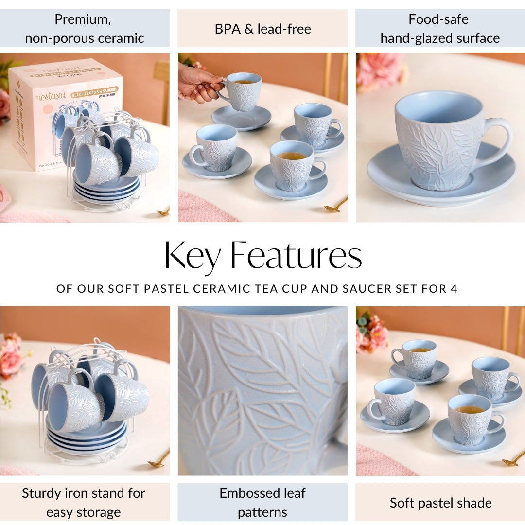 Soft Pastel Ceramic Tea Cup And Saucer Set For 4 With Stand 200ml Nestasia