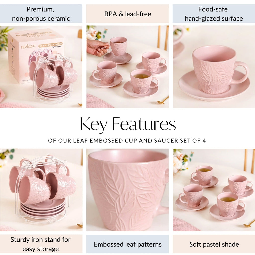 Leaf Embossed Cup And Saucer Set Of 4 With Stand 200ml Nestasia