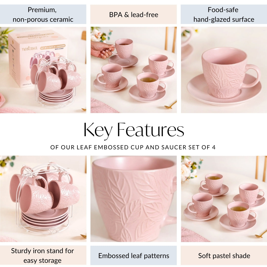 Leaf Embossed Cup And Saucer Set Of 4 With Stand 200ml Nestasia