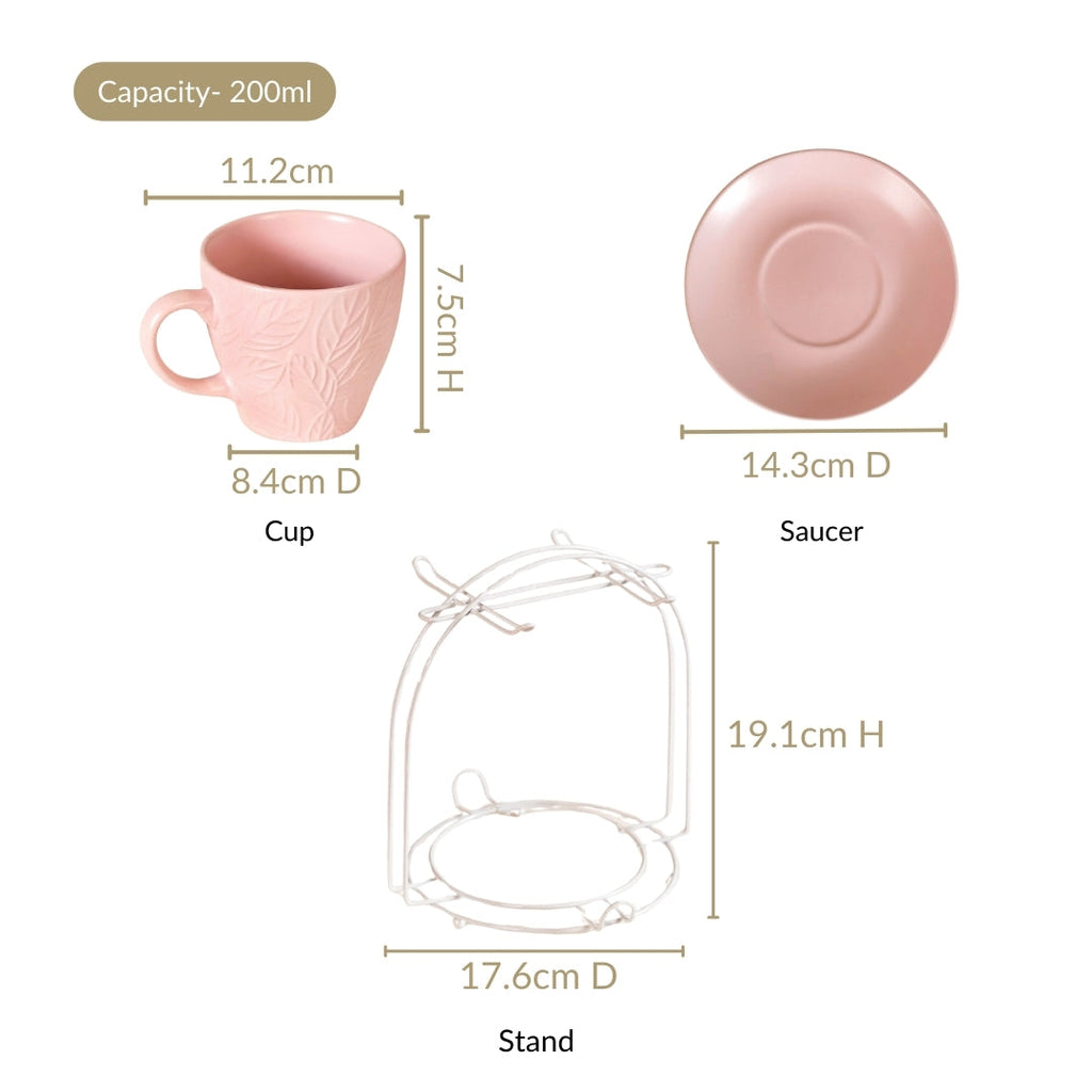 Leaf Embossed Cup And Saucer Set Of 4 With Stand 200ml Nestasia