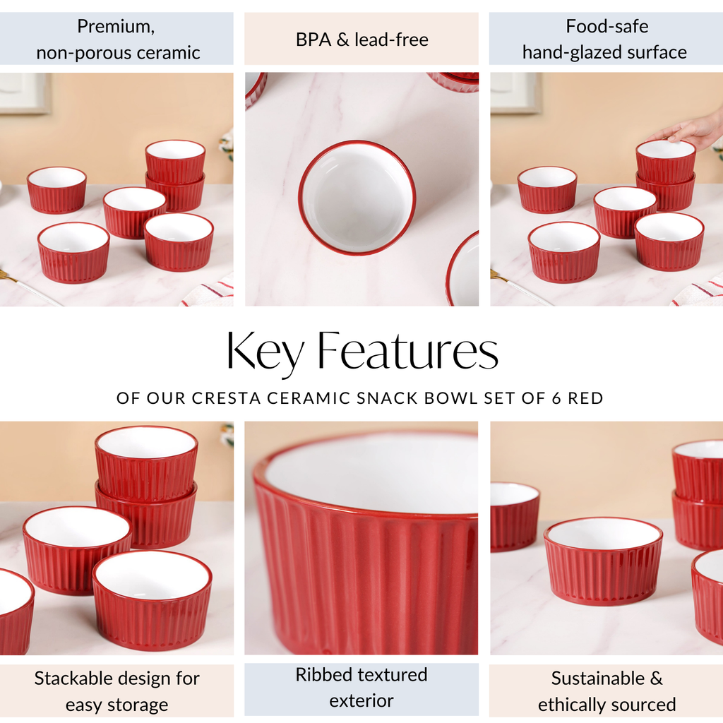 Cresta Ceramic Snack Bowl Set Of 6 Red 400ml Nestasia