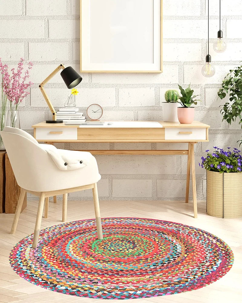 Handwoven Multicolor Round Jute Carpet For Dining Area
