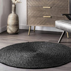 Handwoven Natural Black Round Jute Carpet For Living Room