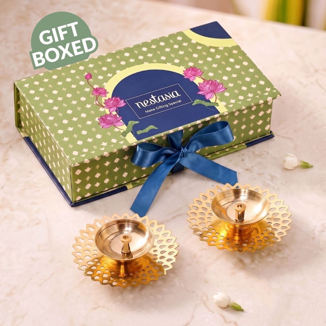 Petal Cutout Pure Brass Diya Set Of 2 In Gift Box Nestasia