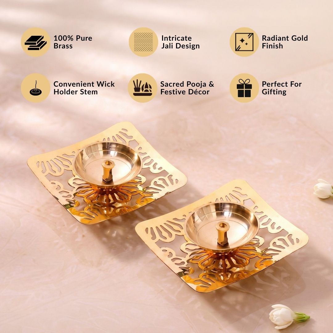 Square Jali Pure Brass Diya Set Of 2 In Gift Box Nestasia