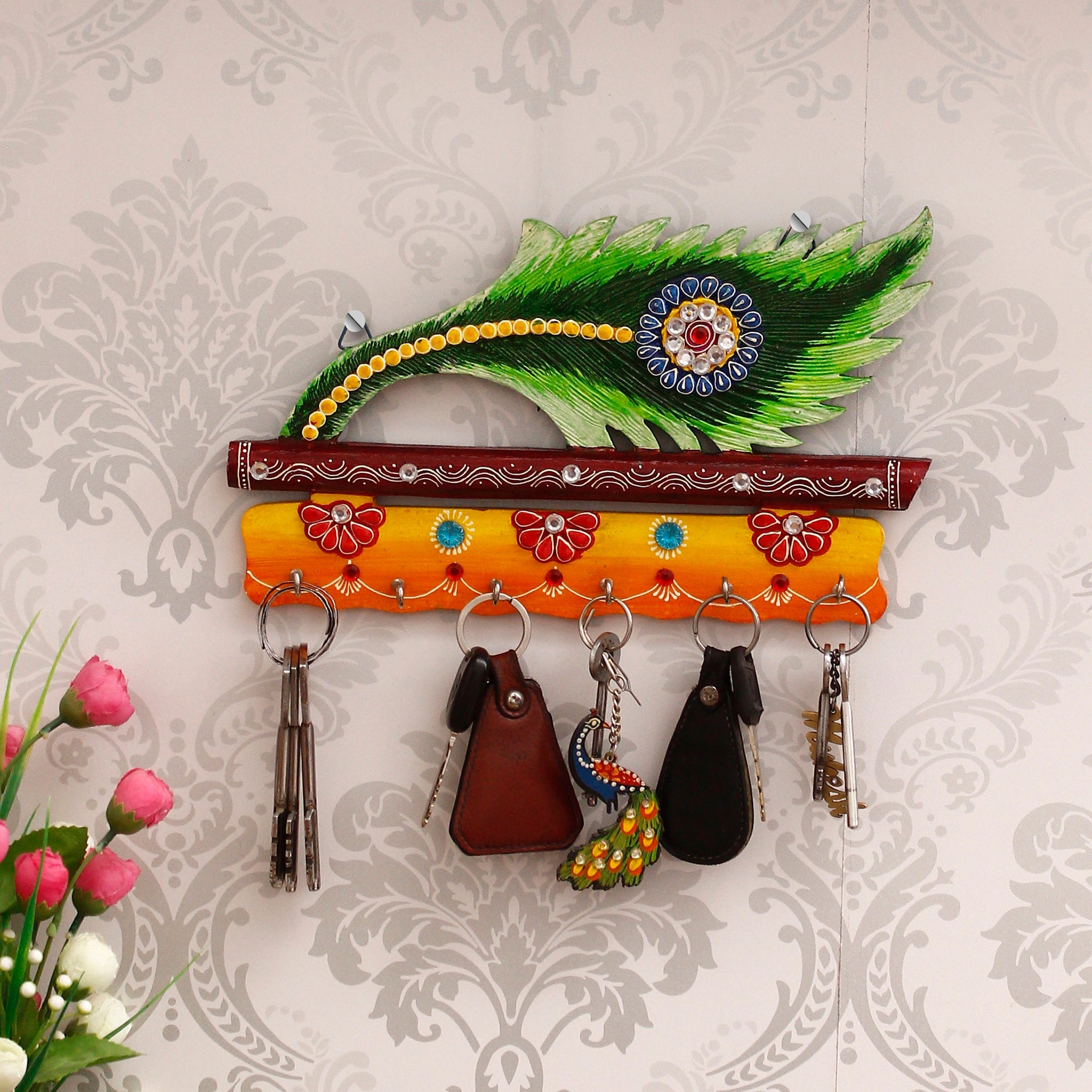 Papier Mache And Wooden Peacock Feather Design 5 Hooks Key Holder Kafalo