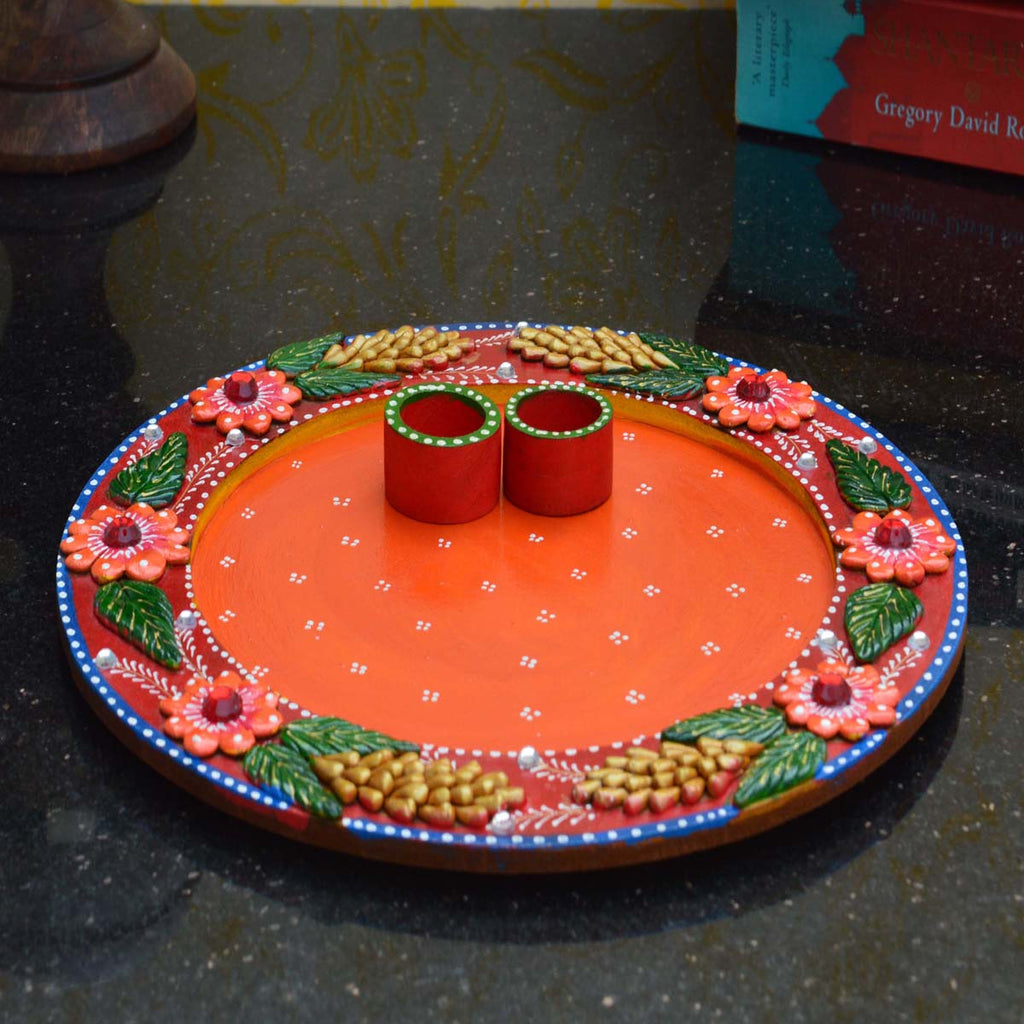Papier-Mache Pleasing Pink Floral Pooja Thali Kafalo