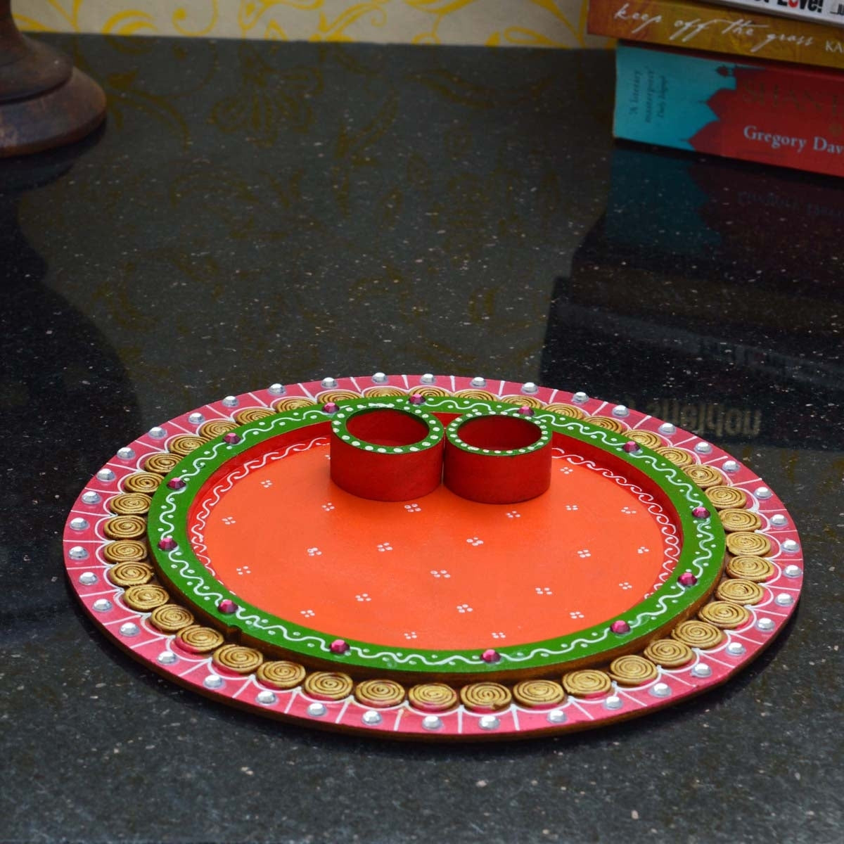 Papier-Mache Radiant Pink and Orange Pooja Thali Kafalo