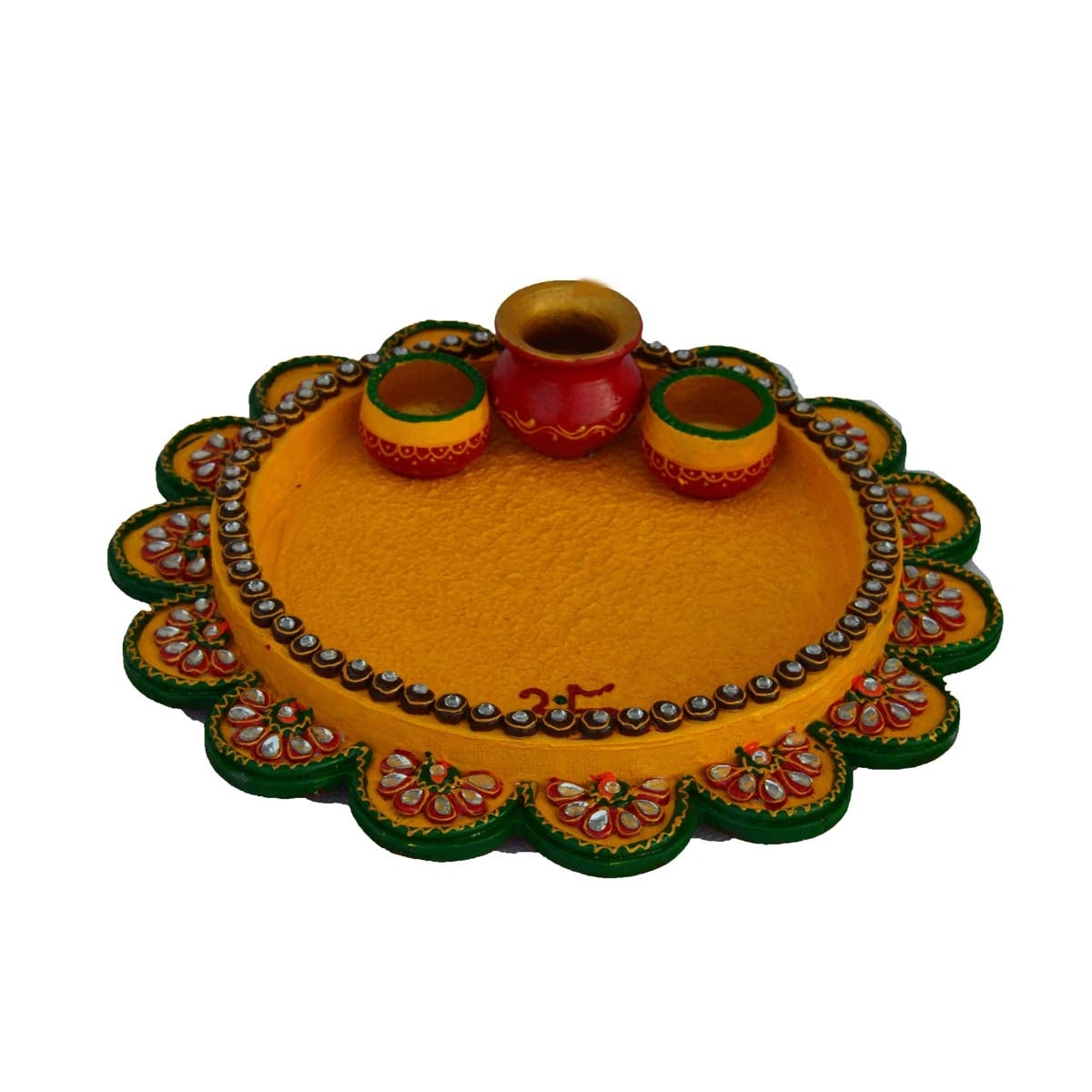 Papier-Mache Radiant Yellow Pooja Thali with Kalash Kafalo