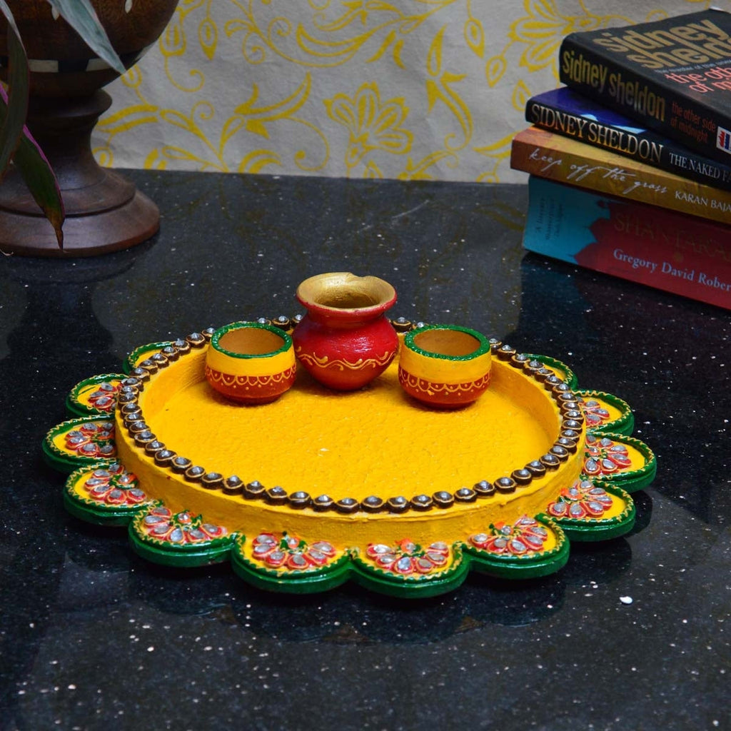 Papier-Mache Radiant Yellow Pooja Thali with Kalash Kafalo