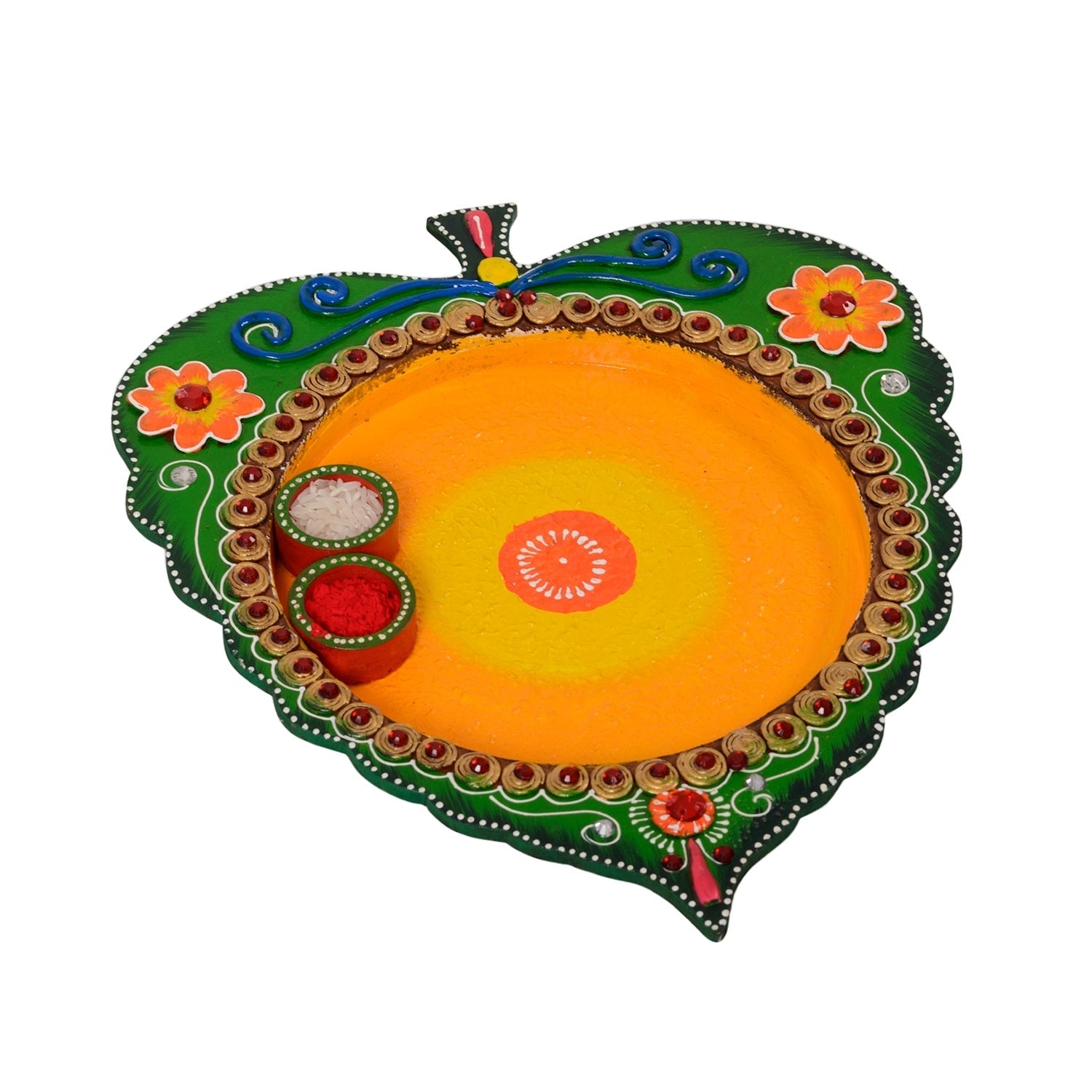 Wooden Papier Mache Leaf Shape Designer Pooja Thali Kafalo