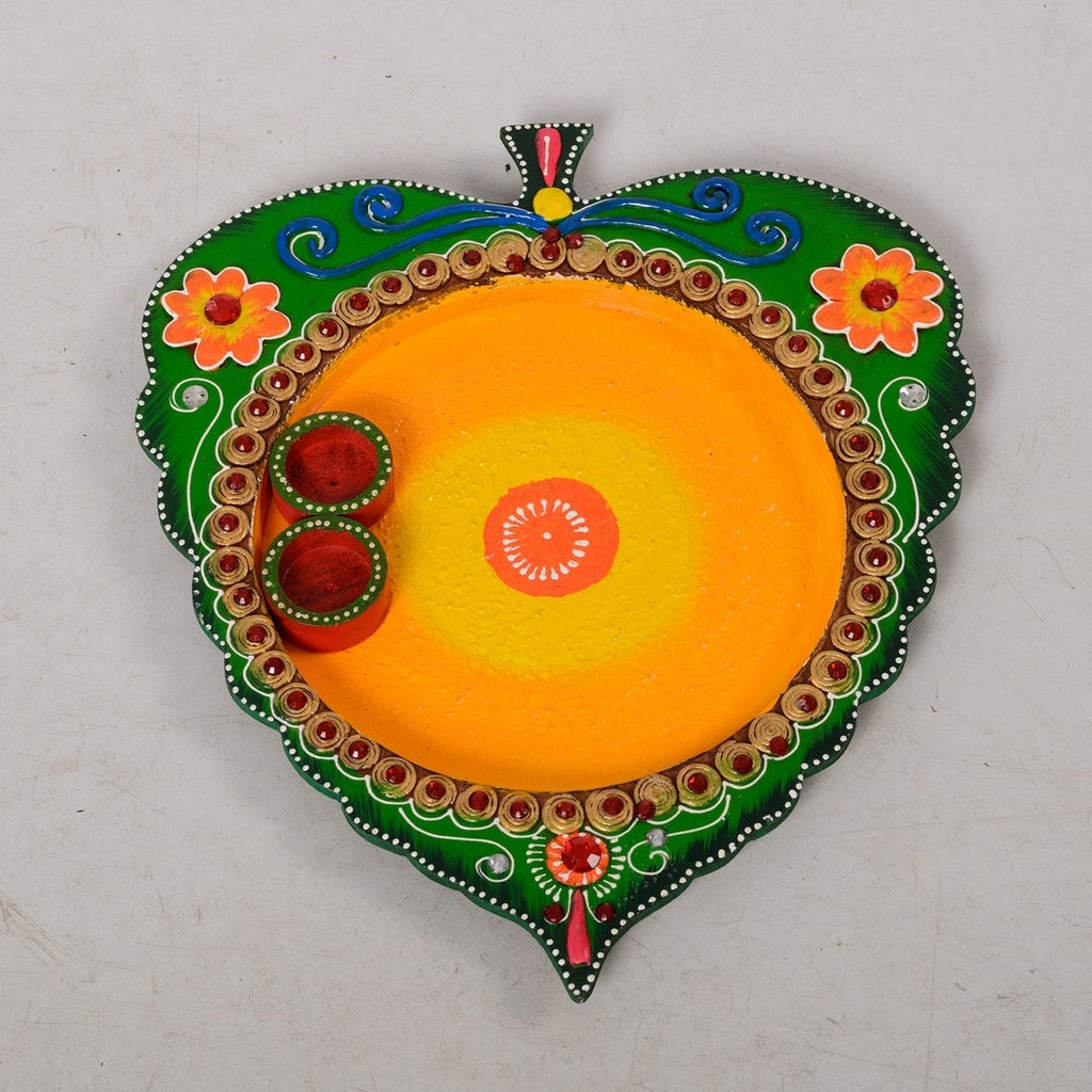 Wooden Papier Mache Leaf Shape Designer Pooja Thali Kafalo