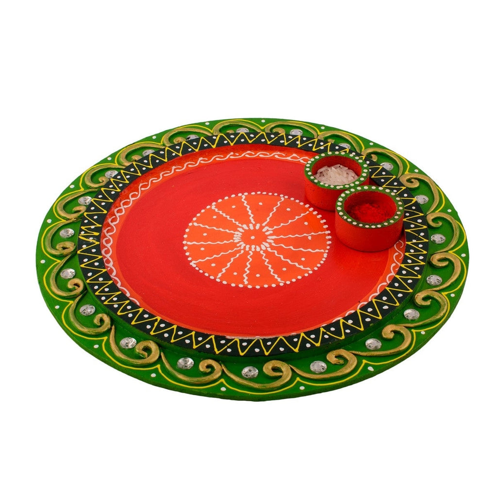 Wooden Papier Mache Embossed Round Shape Pooja Thali Kafalo
