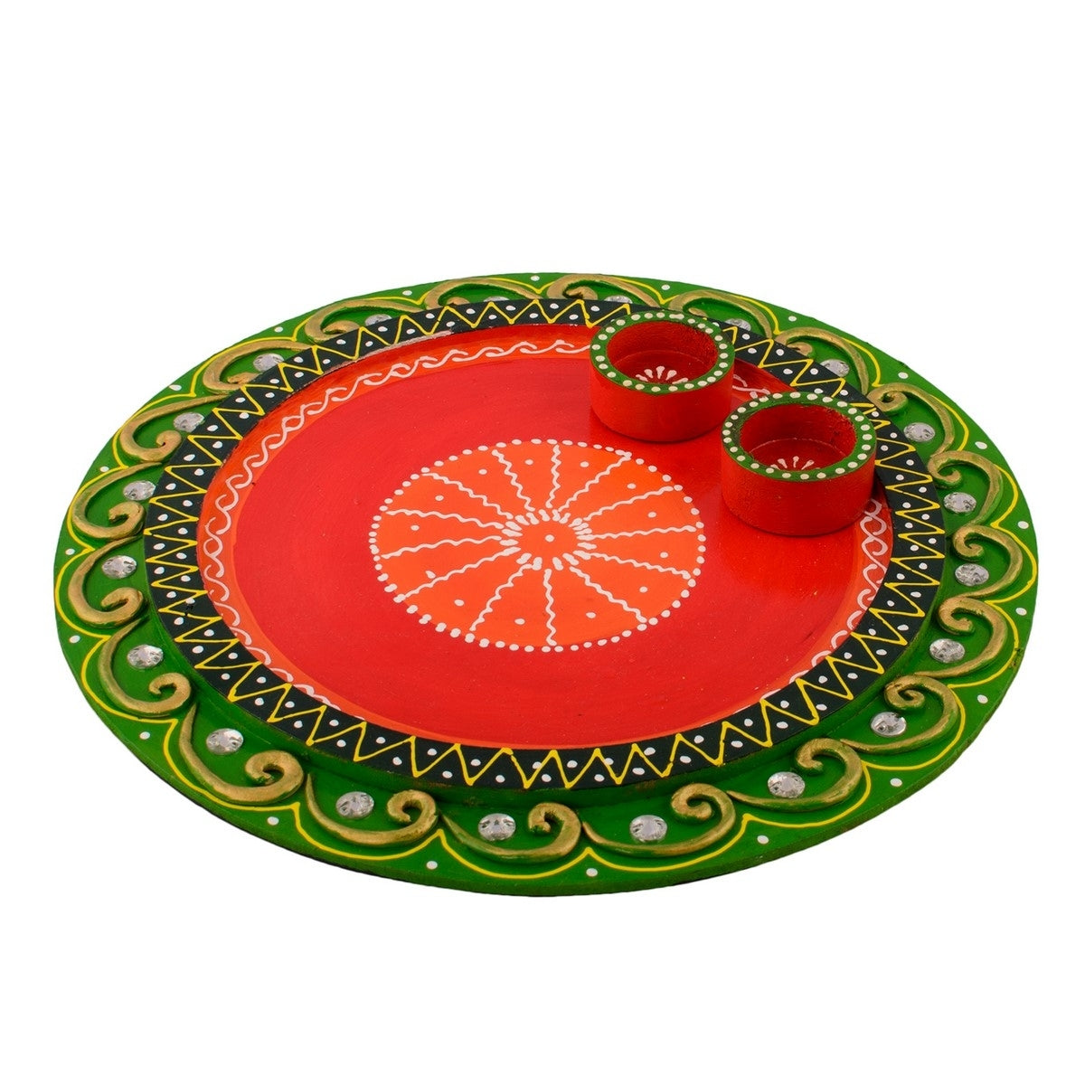 Wooden Papier Mache Embossed Round Shape Pooja Thali Kafalo