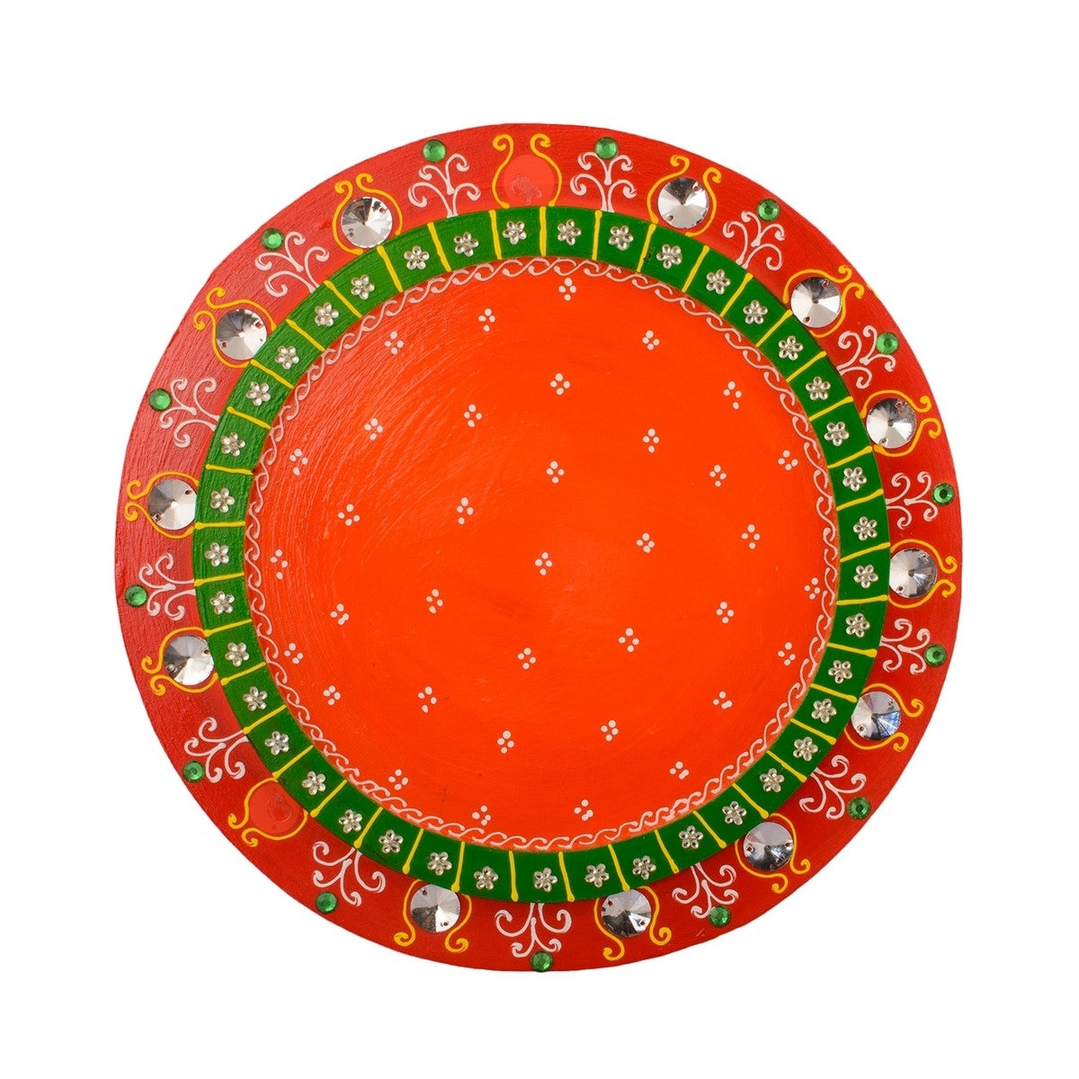 Wooden Papier Mache Crystal Studded Round Shape Pooja Thali Kafalo