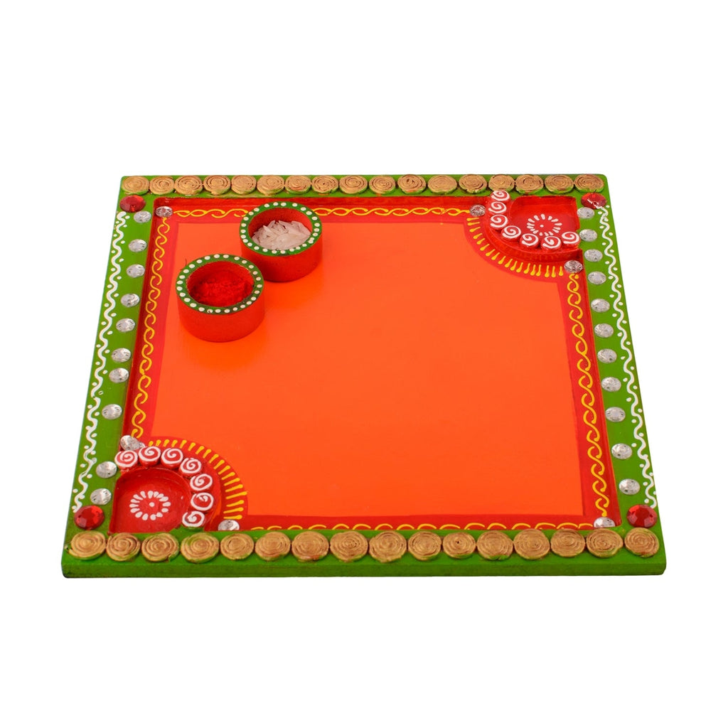 Wooden Papier Mache Embossed Square Shape Pooja Thali Kafalo