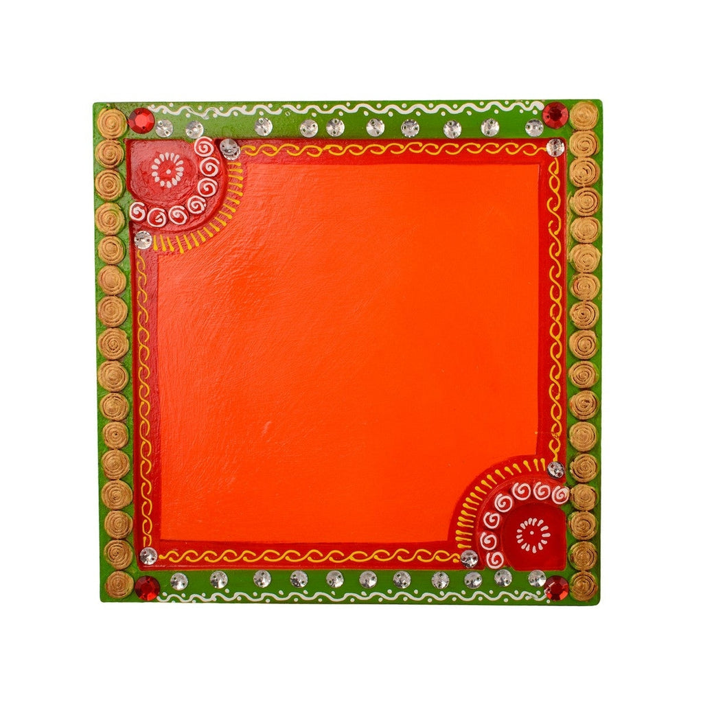 Wooden Papier Mache Embossed Square Shape Pooja Thali Kafalo