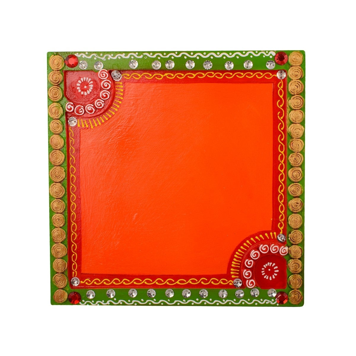 Wooden Papier Mache Embossed Square Shape Pooja Thali Kafalo