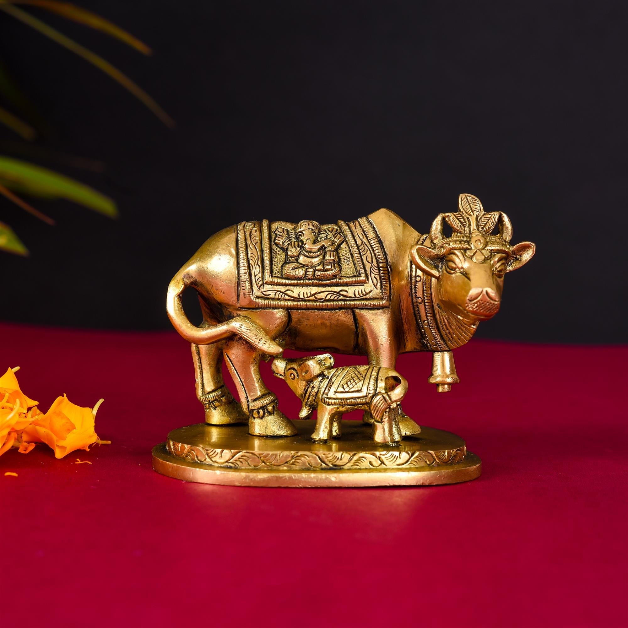 Brass Kamdhenu Cow With Calf Idol (2.5 Inch) Vedansh Craft