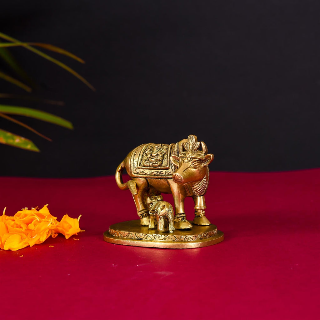 Brass Kamdhenu Cow With Calf Idol (2.5 Inch) Vedansh Craft