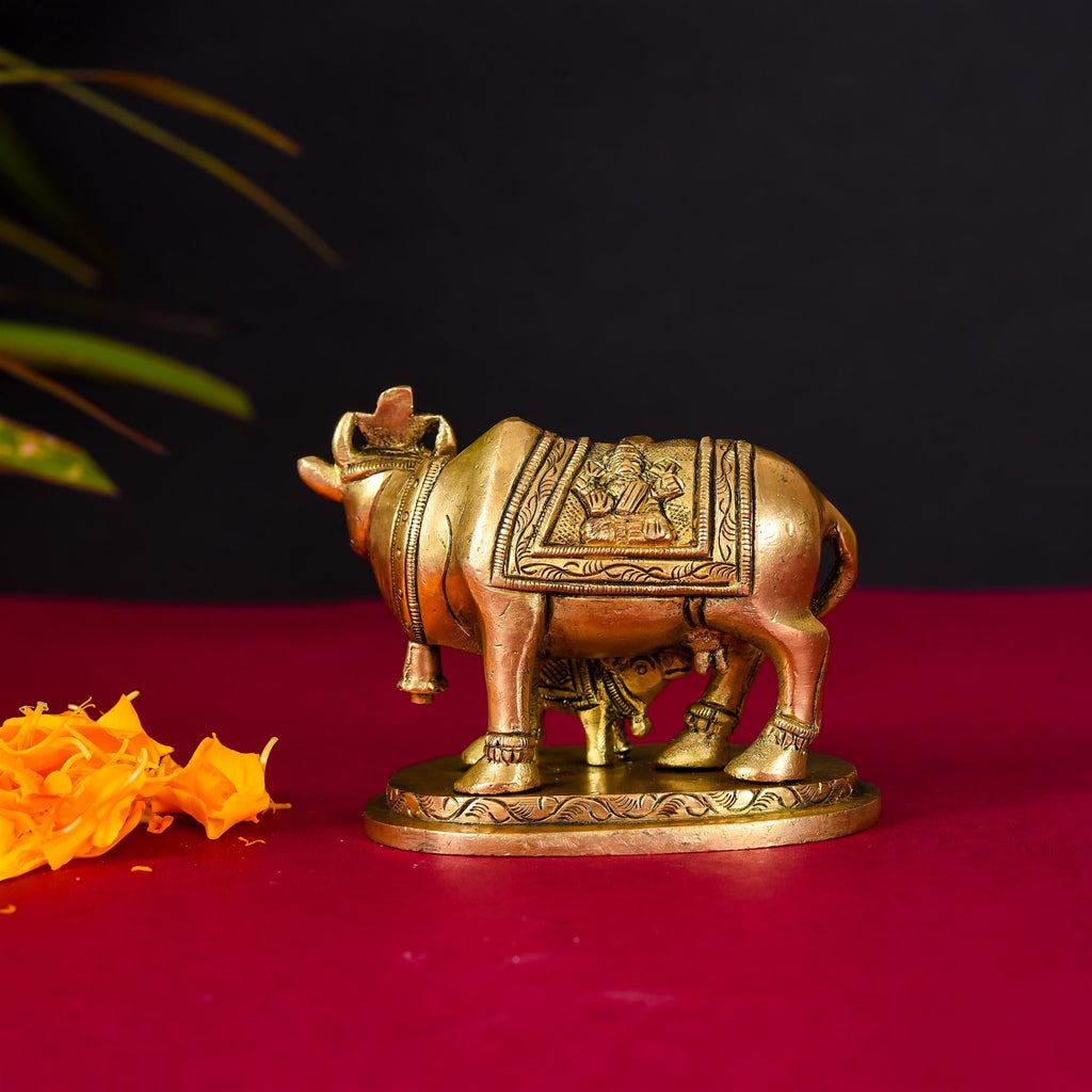 Brass Kamdhenu Cow With Calf Idol (2.5 Inch) Vedansh Craft