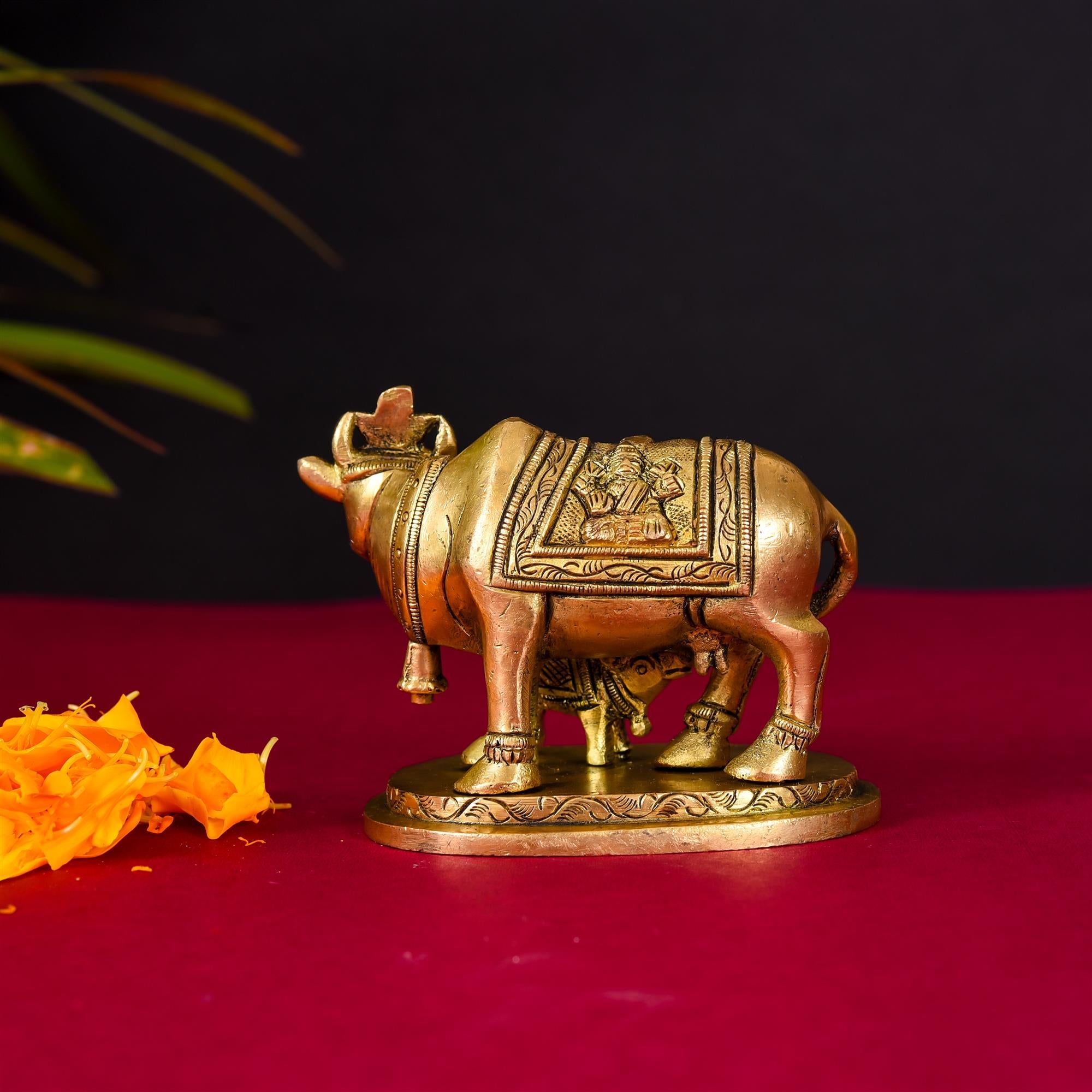 Brass Kamdhenu Cow With Calf Idol (2.5 Inch) Vedansh Craft