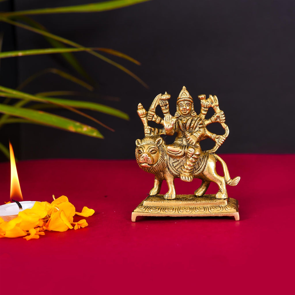 Brass Durga Devi Sitting On Lion Idol (3.5 Inch) Vedansh Craft