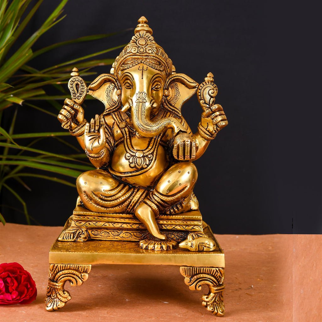 Brass Superfine Singhasan Sitting Ganesha Idol (11.5 Inch) Vedansh Craft