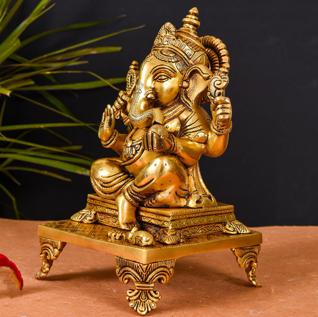 Brass Superfine Singhasan Sitting Ganesha Idol (11.5 Inch) Vedansh Craft
