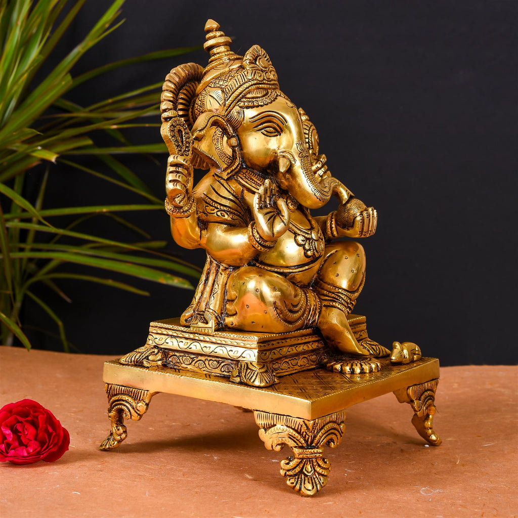 Brass Superfine Singhasan Sitting Ganesha Idol (11.5 Inch) Vedansh Craft