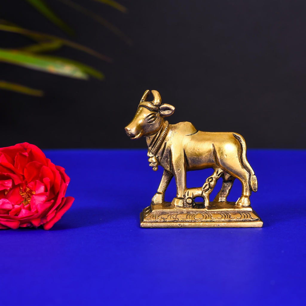 Brass Kamdhenu Cow With Calf Idol (2.3 Inch) Vedansh Craft
