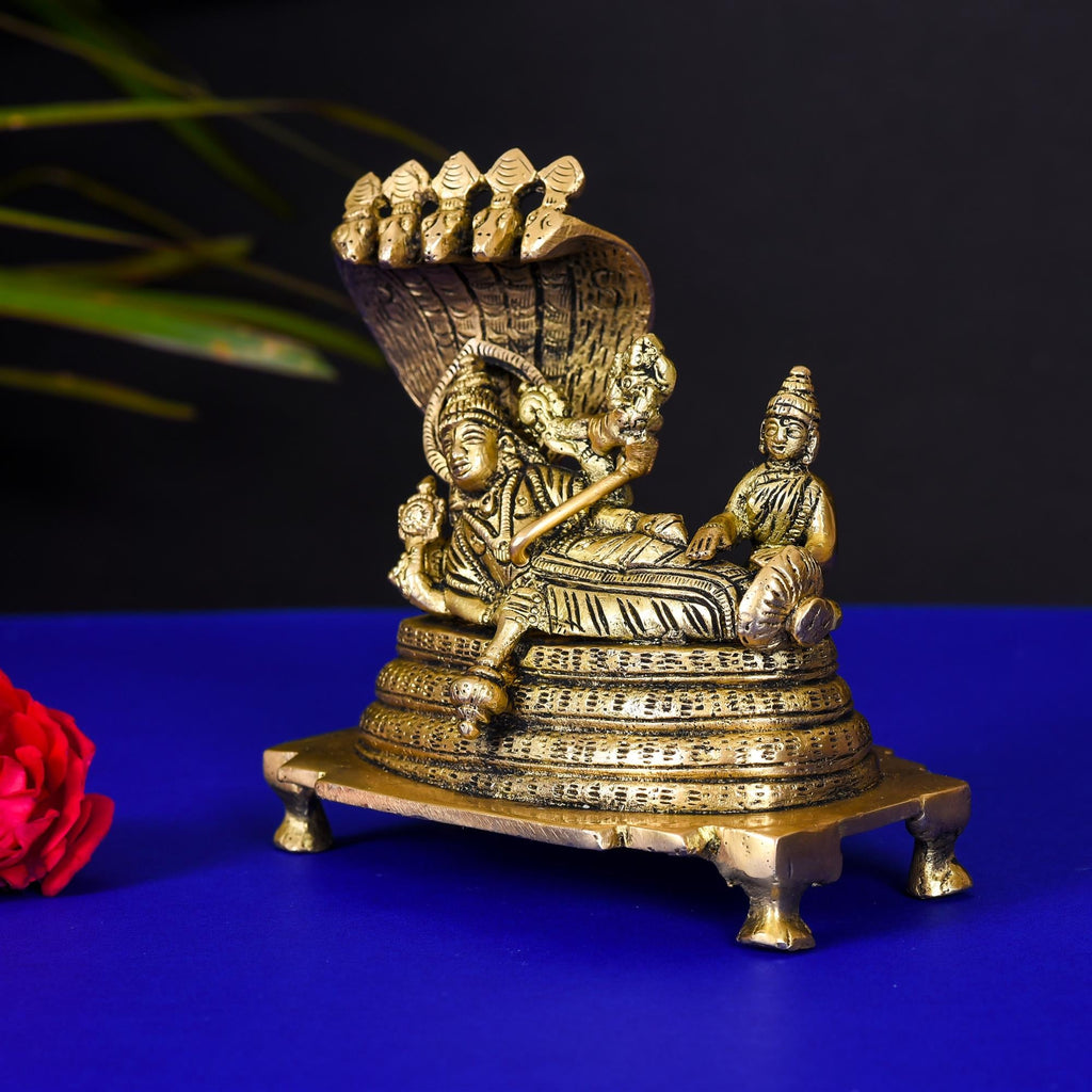 Brass Vishnu With Lakshmi On Sheshnaag Statue (4.8 Inch) Vedansh Craft