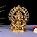 Brass Sitting Ganesha On Prabhavali Singhasan Statue (9 Inch) Vedansh Craft