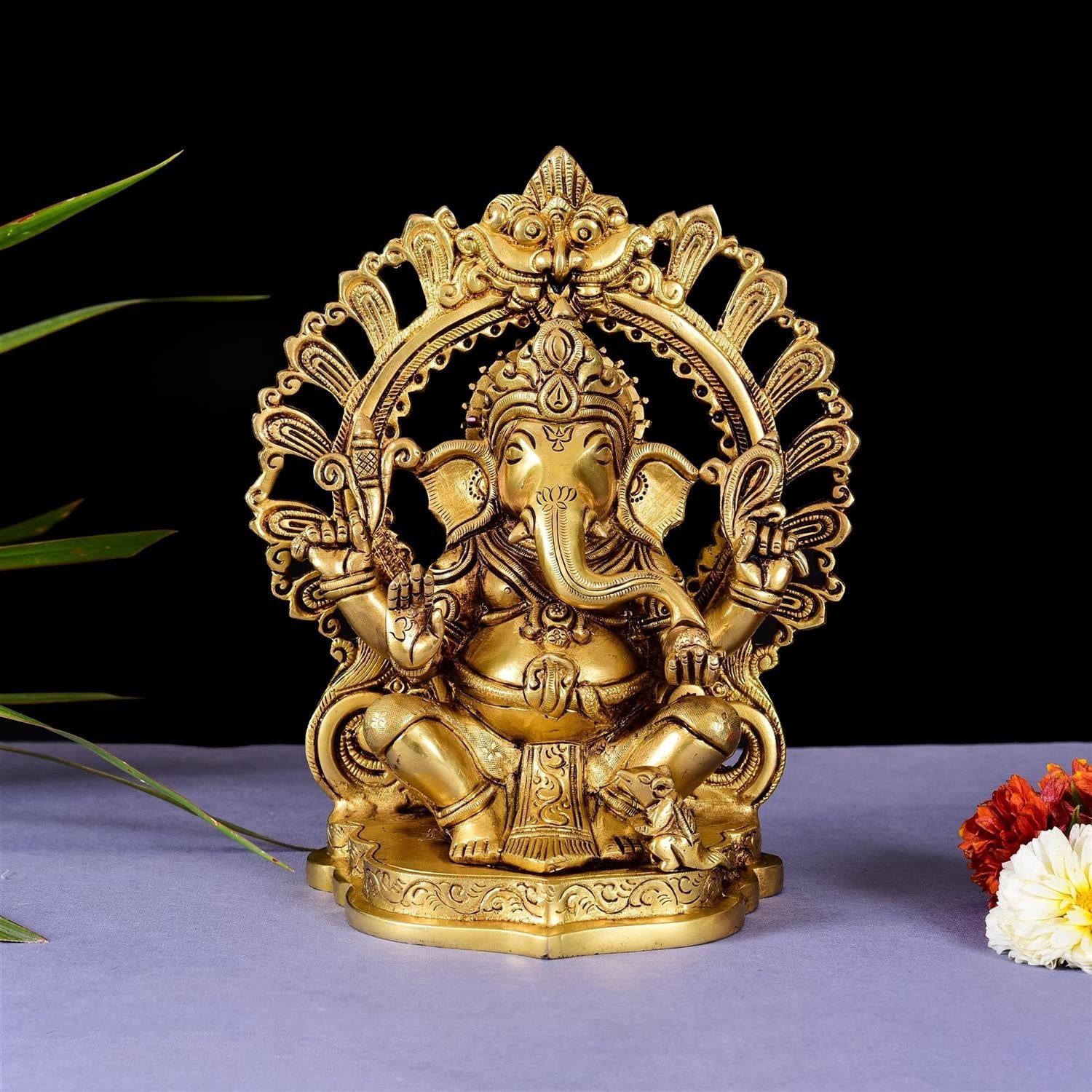 Brass Sitting Ganesha On Prabhavali Singhasan Statue (9 Inch) Vedansh Craft
