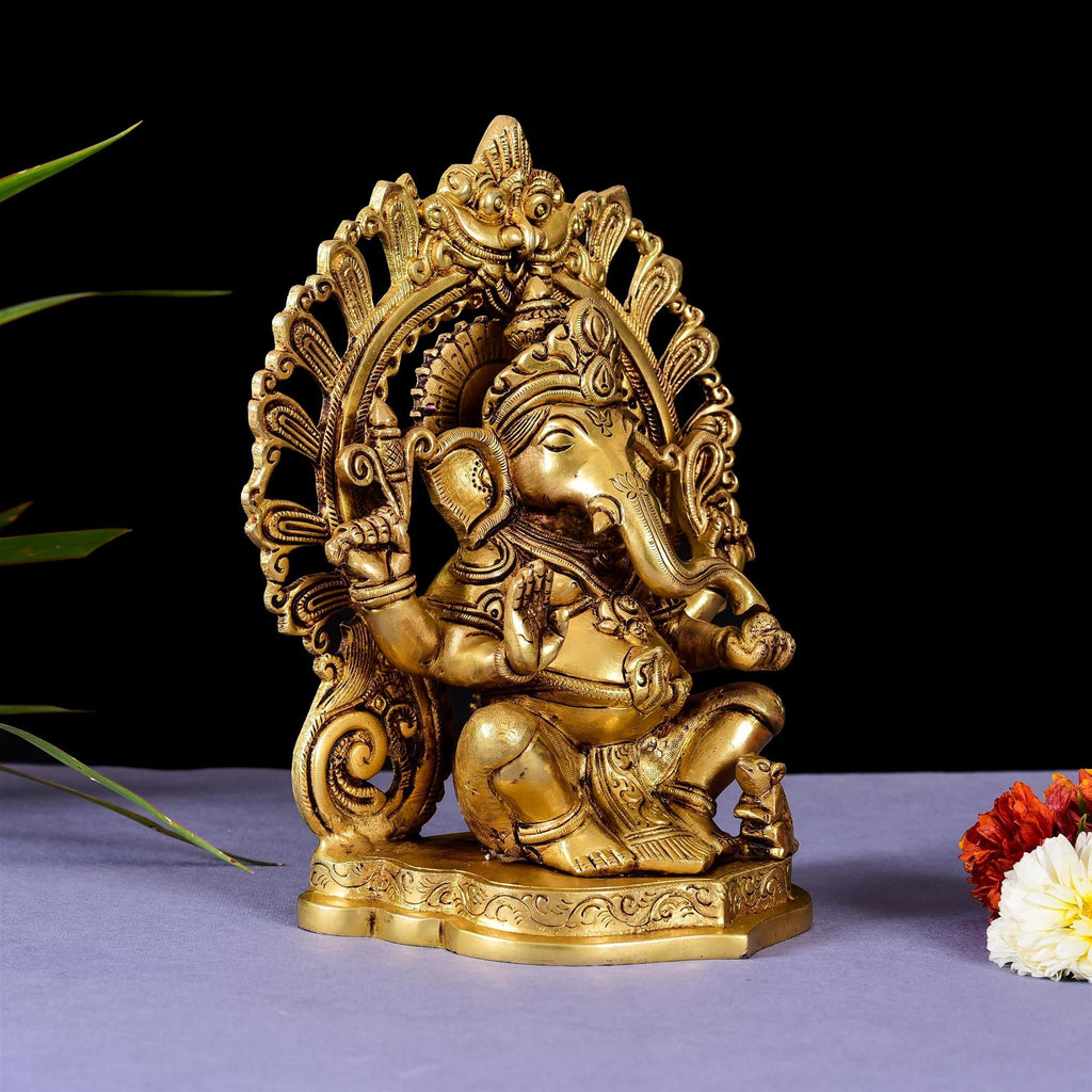 Brass Sitting Ganesha On Prabhavali Singhasan Statue (9 Inch) Vedansh Craft