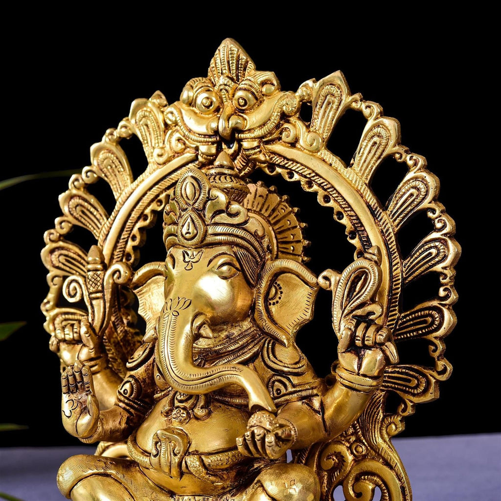 Brass Sitting Ganesha On Prabhavali Singhasan Statue (9 Inch) Vedansh Craft
